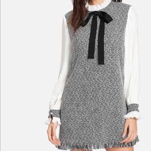 Contrast Pleated Sleeve Frayed Hem Tweed Dress